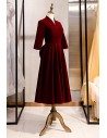Velvet Tea Length Burgundy Party Dress With Sleeves - MYS79077