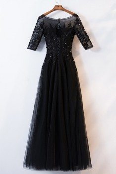Black Beaded Lace Long Aline Formal Dress With Illusion Neckline - MYS68018