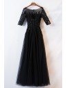 Black Beaded Lace Long Aline Formal Dress With Illusion Neckline - MYS68018