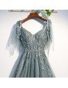 Flowy Long Tulle Prom Dress Dusty Green Lace With Tulle Sleeves - MYS79028