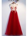Aline Burgundy Long Tulle Prom Dress With Beaded Flowers - MYS69008