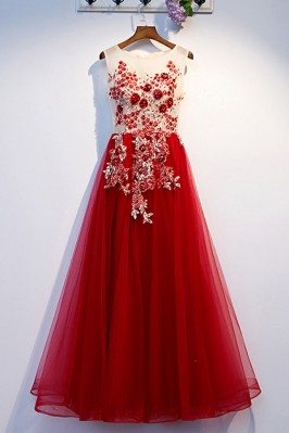 Aline Burgundy Long Tulle Prom Dress With Beaded Flowers - MYS69008