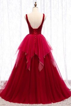 Ballgown Ruffles Burgundy Tulle Prom Dress With Vneck - MYS79013