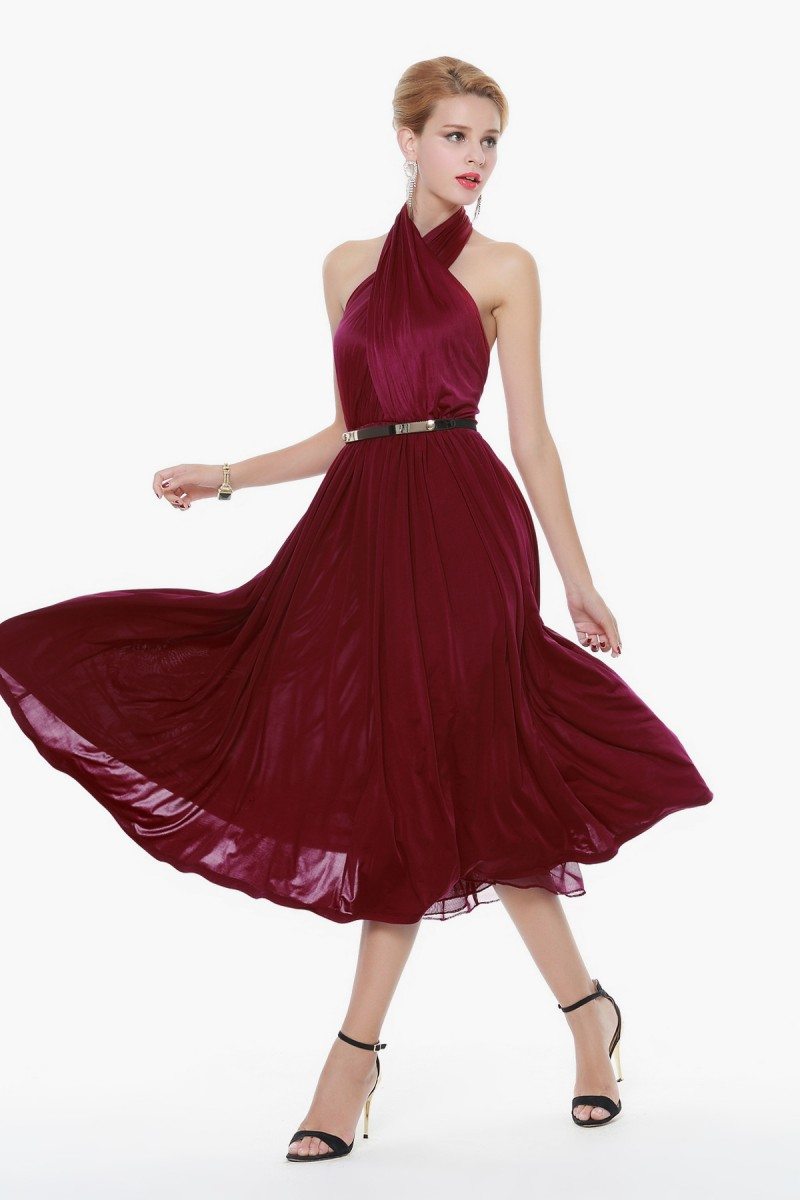 Burgundy Short Halter Party Dress Backless - $79 #DK270 - SheProm.com