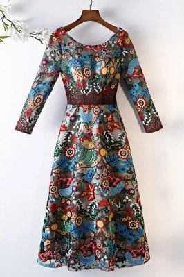 Unique Exotic Pattern Tea Length Party Dress Colorful With Long Sleeves - MYS68002
