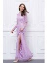 Lace Slit Long Sleeve Open Back Formal Dress - CK455