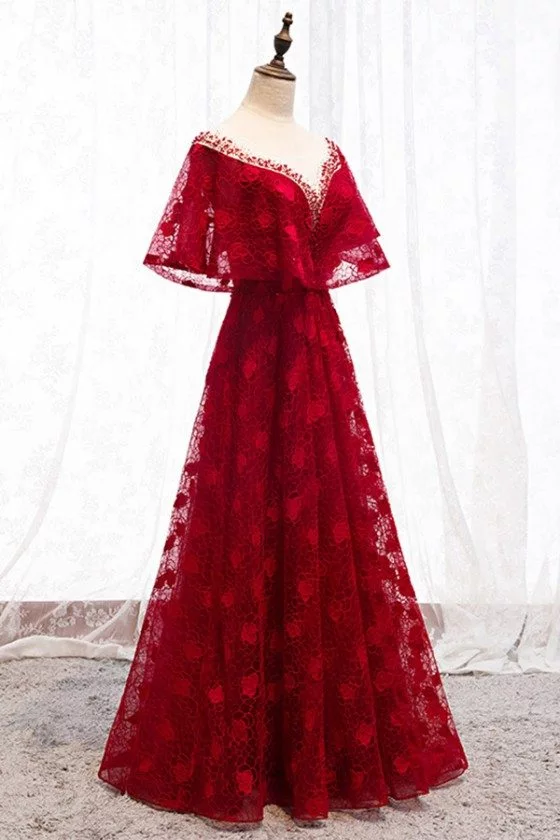 Formal Long Red Lace Burgundy Dress With Cape - $128.9808 #MYS67015 ...