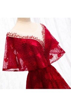Formal Long Red Lace Burgundy Dress With Cape - MYS67015