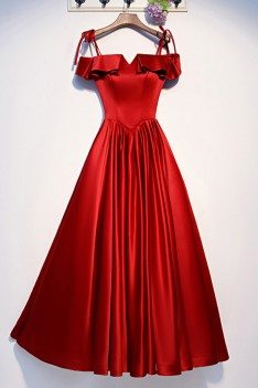 Cute Ruffles Burgundy Satin Aline Prom Dress With Straps - MYS69071