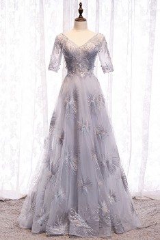 Unique Grey Long Prom Dress Vneck With Bling Sleeves - MYS78016