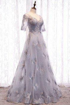 Unique Grey Long Prom Dress Vneck With Bling Sleeves - MYS78016