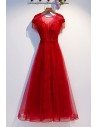 Aline Long Red Tulle Flowy Prom Dress With Sheer Neckline - MYS69012