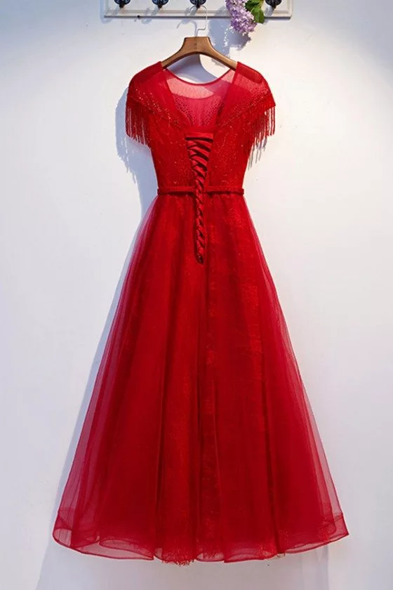 Aline Long Red Tulle Flowy Prom Dress With Sheer Neckline - $136.98  #MYS69012 - SheProm.com