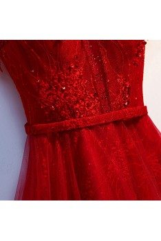 Aline Long Red Tulle Flowy Prom Dress With Sheer Neckline - MYS69012