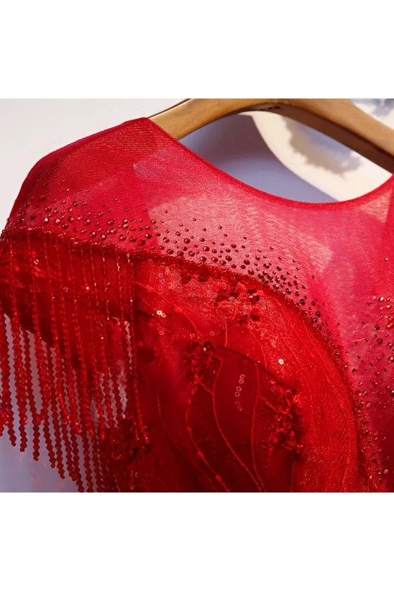 open lace back dress Zapakasa Women Dark Red Sequins Mermaid Long Sparkly Prom Dress with Slit, Dark Red / US12 main image 1