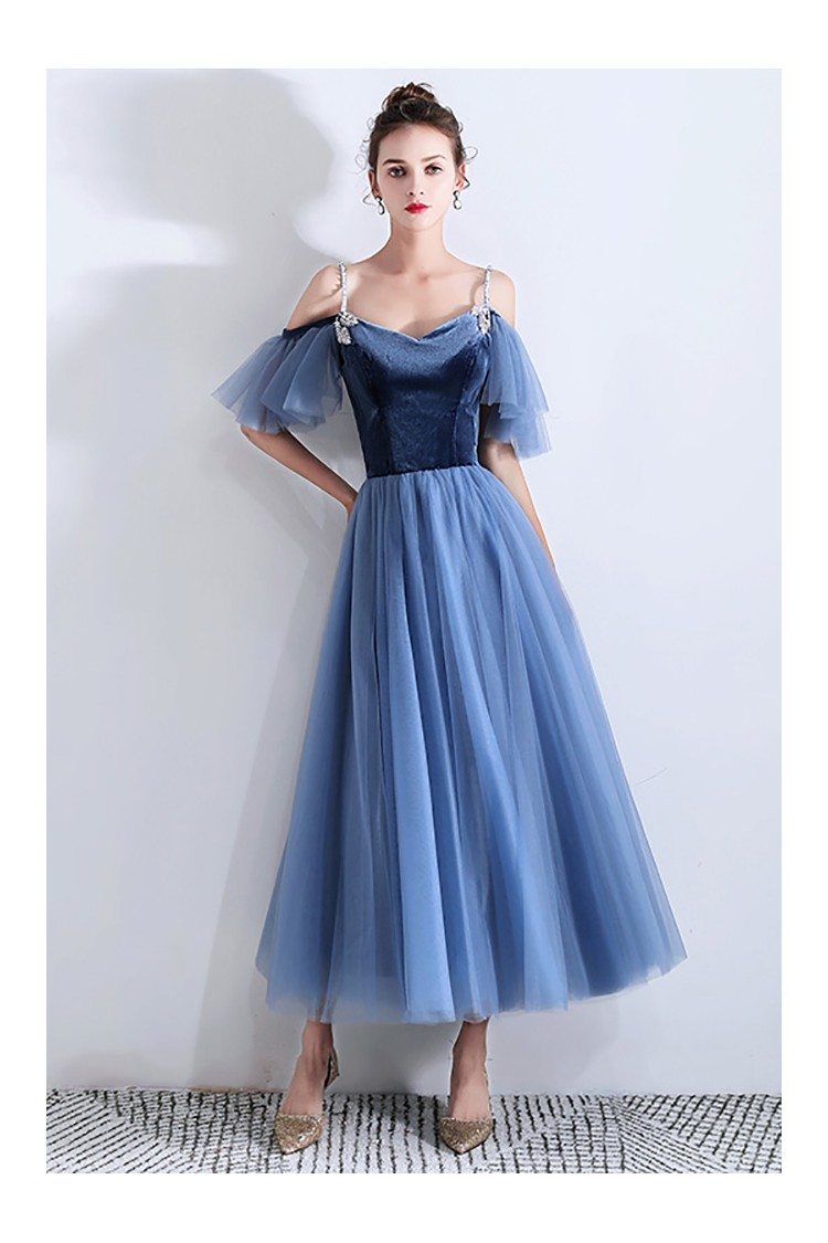 Elegant Blue Tulle Tea Length Party Dress With Removable Sleeves - $108 ...