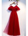 Cute Flowy Long Tulle Burgundy Party Dress With Spaghetti Straps - MYS68074