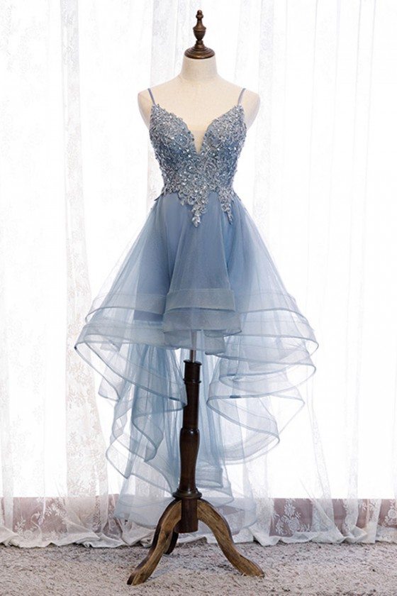 Blue Ruffles High Low Prom Dress With Sequined Lace - MYS79014