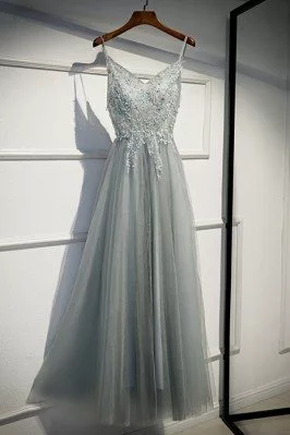 Special Grey Tulle Long Prom Dress Aline With Straps - MYS79041