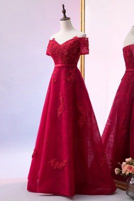 Burgundy Beaded Lace Long Aline Prom Dress With Off Shoulder - MYS68066