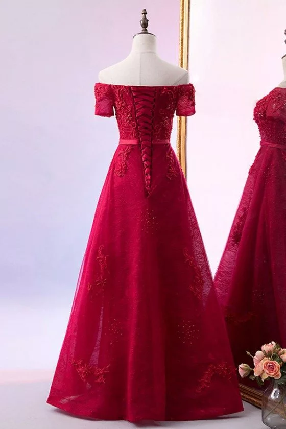 Burgundy Beaded Lace Long Aline Prom Dress With Off Shoulder - $136.279 ...