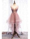 Sequined Lace High Low Pink Prom Dress With Ruffles Straps - MYS79001