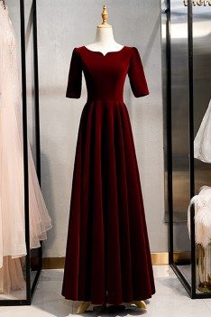 Maroon Long Red Vintage Formal Velvet Dress With Sleeves - MYS79067