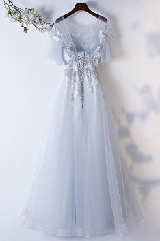 Long Grey Illusion Neck Aline Prom Dress With Embroidery - MYS68011