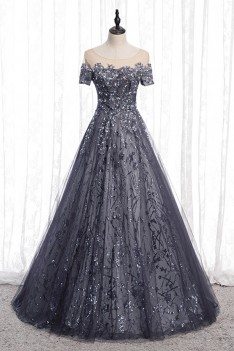 Grey Tulle Sparkly Sequins Long Formal Dress With Short Sleeves - MYS78088