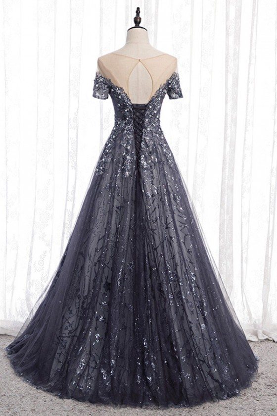 Grey Tulle Sparkly Sequins Long Formal Dress With Short Sleeves - $160. ...
