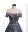 Grey Tulle Sparkly Sequins Long Formal Dress With Short Sleeves - MYS78088