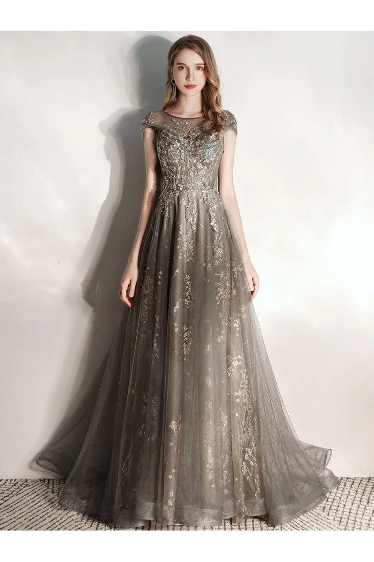 Formal Long Grey Tulle Modest Prom Dress With Cap Sleeves Metallic ...
