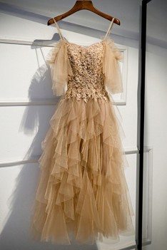 Long Formal Beaded Lace Ruffles Party Dress With Straps - MYS79040