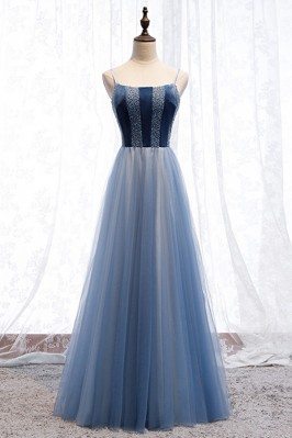Blue Tulle Long Aline Prom Dress With Spaghetti Straps - MYS67004