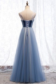 Blue Tulle Long Aline Prom Dress With Spaghetti Straps - MYS67004