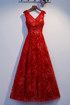 Burgundy Long Red Prom Dress Vneck With Lace - MYS69017