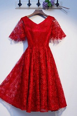 Red Lace Aline Short Party Dress With Puffy Sleeves - MYS69044