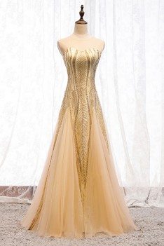 Sparkly Long Gold Tulle Prom Dress With Keyhold Back - MYS69099