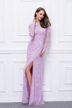 Lace Slit Long Sleeve Open Back Formal Dress - CK455