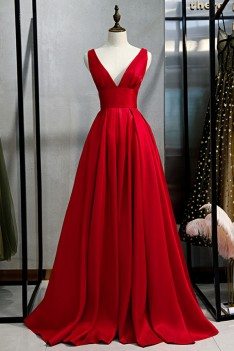 Classy Long Red Deep Vneck Prom Dress With Pleated Skirt - MYS79060