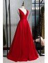 Classy Long Red Deep Vneck Prom Dress With Pleated Skirt - MYS79060
