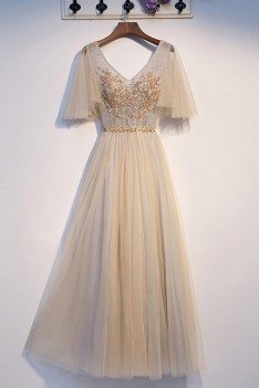 Long Tulle Light Champagne Aline Prom Dress With Tulle Sleeves - MYS69054