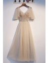 Long Tulle Light Champagne Aline Prom Dress With Tulle Sleeves - MYS69054