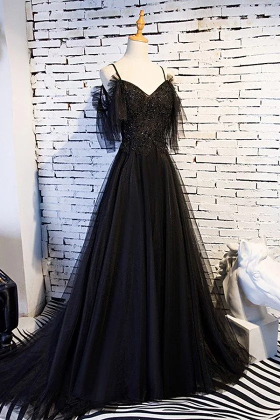 Beaded Lace Long Black Formal Prom Dress With Train - $136.98 #mys68047 