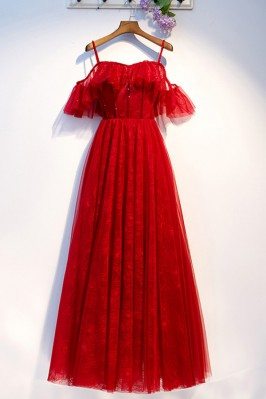 Cute Long Tulle Lace Aline Prom Party Dress With Straps - MYS68075