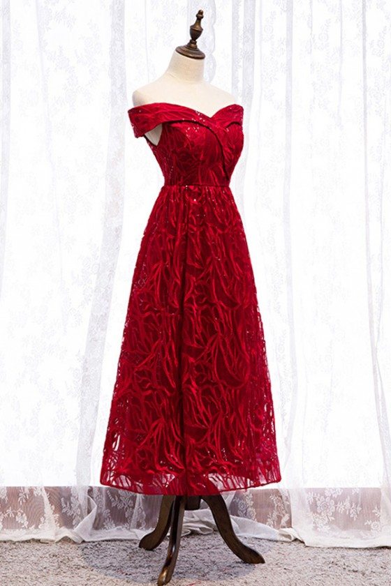 Special Lace Tea Length Burgundy Party Dress With Off Shoulder - $82. ...
