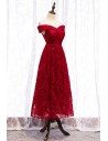 Special Lace Tea Length Burgundy Party Dress With Off Shoulder - MYS79006