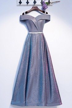 Blue Matellic Aline Long Sparkly Prom Dress Off Shoulder - MYS69083