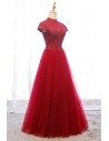 Burgundy Long Tulle Aline Formal Party Dress With Beaded Top - MYS69057
