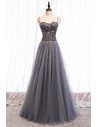 Flowy Grey Tulle Long Prom Dress With Sequins Straps - MYS78066